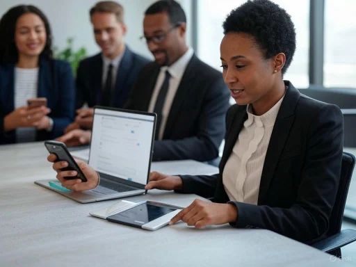 A diverse group of professionals using smartphones and laptops in a modern office meeting.