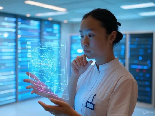A female healthcare professional examines a holographic medical scan in a high-tech data center.