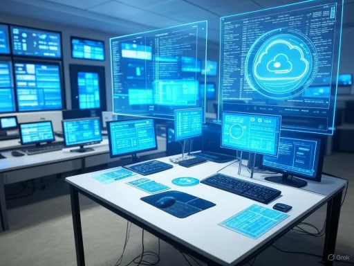 A high-tech control room with multiple monitors displaying data and cloud computing graphics.
