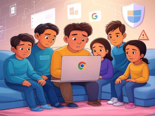 A family looks concerned while using a laptop surrounded by digital security and technology icons.