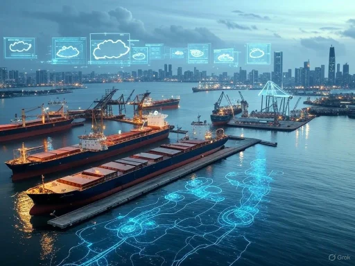 A port with ships and digital weather forecasts overlaid on the sky and water. A port with ships and digital weather forecasts overlaid on the sky and water.