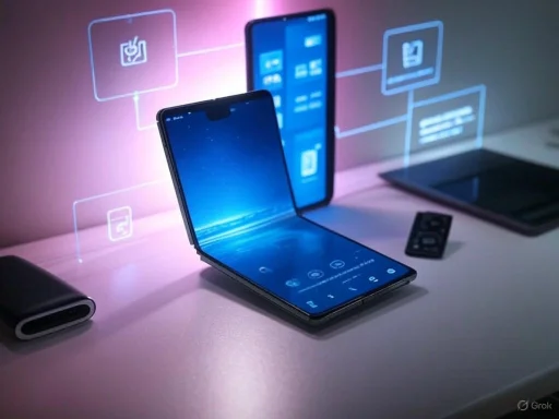 A foldable smartphone displaying a futuristic digital interface, surrounded by other electronic devices on a desk.