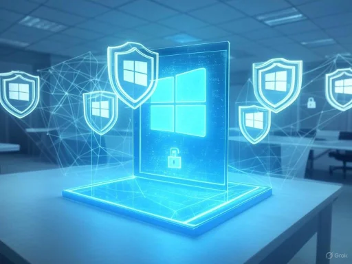 A digital hologram of Windows security shields and lock icons floating above a table in a virtual security concept. A digital hologram of Windows security shields and lock icons floating above a table in a virtual security concept.