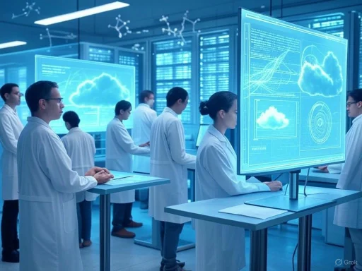 Scientists in lab coats analyze cloud data displayed on large digital screens in a high-tech research facility.