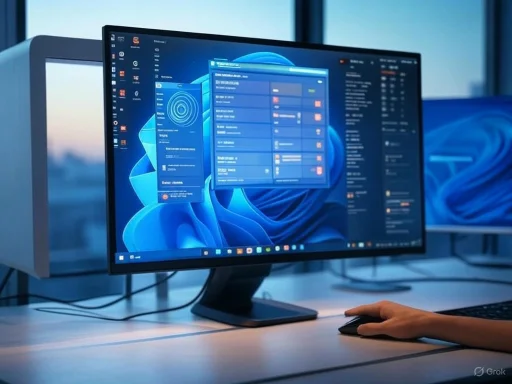 A person using a computer with a dual monitor setup in a modern office, working on a blue-themed software interface.