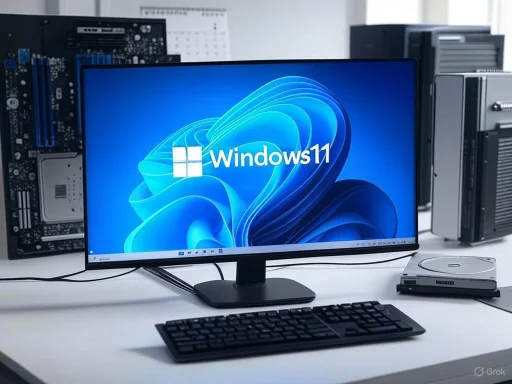 A computer monitor displays the Windows 11 logo in a tech workspace with hardware components in the background.