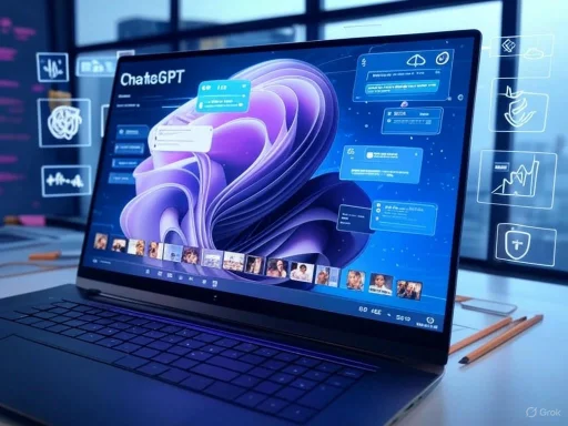 The laptop displays a futuristic chatbot interface with chat bubbles and icons, set in a modern tech environment.