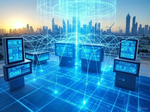 Digital futuristic cityscape with interconnected servers and holographic data networks over a city skyline. Digital futuristic cityscape with interconnected servers and holographic data networks over a city skyline.