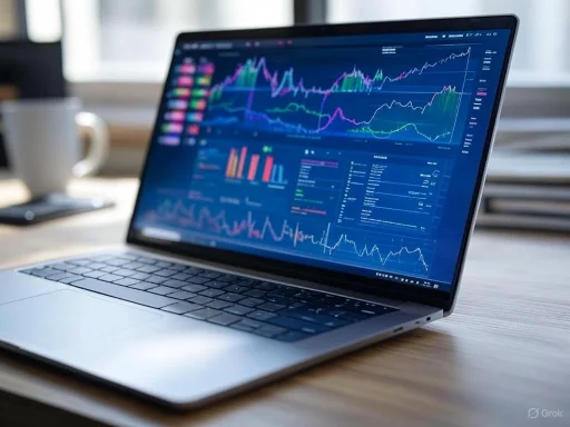 A laptop displaying colorful financial charts and graphs on a desk in a bright office setting.