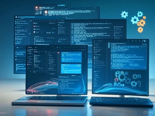 Multiple screens displaying code and digital interfaces related to software development or cybersecurity. Multiple screens displaying code and digital interfaces related to software development or cybersecurity.