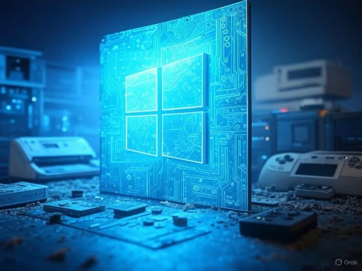 A glowing digital Windows logo displayed on a circuit board inside a high-tech workspace with vintage gaming consoles.