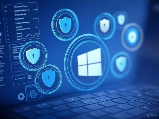 A digital interface showing Windows security icons and shield symbols, representing cybersecurity on a laptop screen.