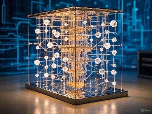 A complex, illuminated crystal chandelier or sculpture with geometric patterns, displayed indoors against a blue digital-themed background.