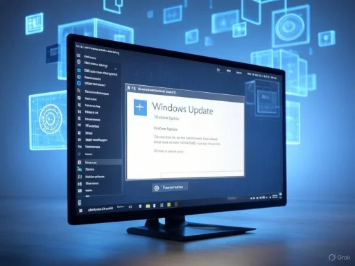 A computer monitor displays a Windows update screen, surrounded by futuristic digital hologram icons. A computer monitor displays a Windows update screen, surrounded by futuristic digital hologram icons.