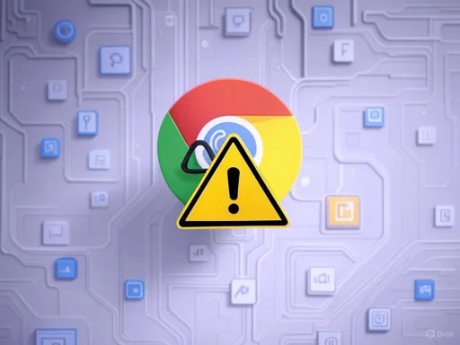 Google Chrome logo with a warning triangle overlay indicating a security or technical issue. Google Chrome logo with a warning triangle overlay indicating a security or technical issue.