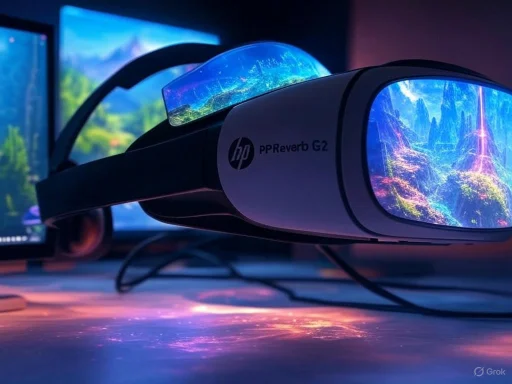 A VR headset labeled 'HP PPReverb G2' displays colorful, fantasy-like landscapes, with monitors in the background showing similar scenes. A VR headset labeled 'HP PPReverb G2' displays colorful, fantasy-like landscapes, with monitors in the background showing similar scenes.