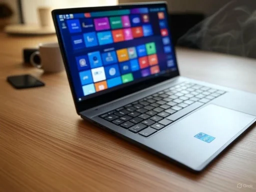 A silver laptop with a colorful tiled screen, on a wooden desk with a coffee cup, phone, and blurred background. A silver laptop with a colorful tiled screen, on a wooden desk with a coffee cup, phone, and blurred background.