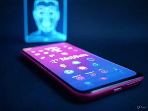 A smartphone displays the T-Mobile app with a neon face icon glowing in the background. A smartphone displays the T-Mobile app with a neon face icon glowing in the background.