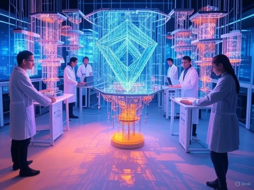 Scientists in lab coats observing a glowing, holographic digital crystal in a high-tech research facility.