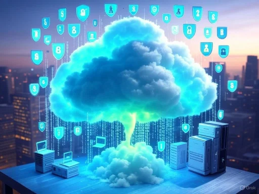 A cloud with digital data symbols and security icons, symbolizing cloud computing and data security in technology.
