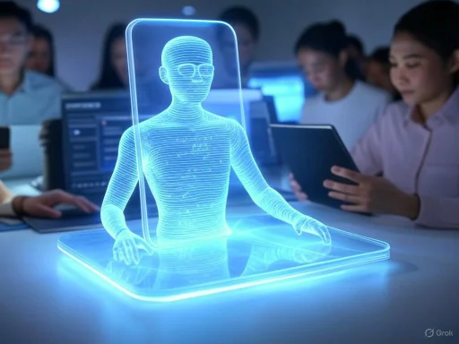 A holographic digital human figure displays in front of a group of people in a high-tech, futuristic setting.