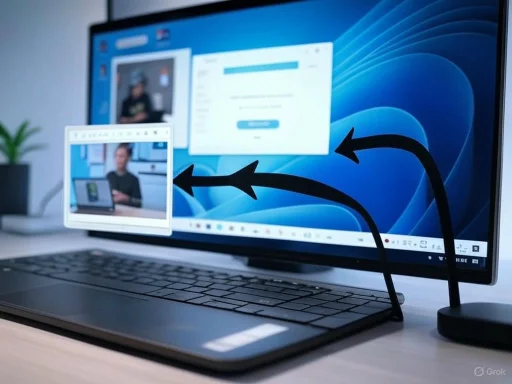 A laptop displaying a video call, with two arrows pointing to a small inset window showing a person.