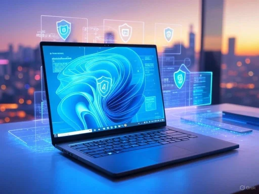 A laptop displaying digital security shields and graphics against a city sunset backdrop, symbolizing cybersecurity.