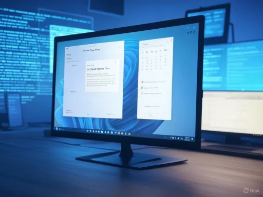 A computer monitor displays email and calendar windows in a dark cyber-themed setting with multiple screens.
