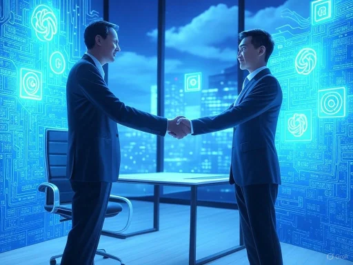 Two businessmen shake hands in a high-tech office with digital graphics and cityscape view. Two businessmen shake hands in a high-tech office with digital graphics and cityscape view.