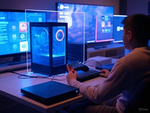 Person playing video games on a computer setup with multiple monitors in a dimly lit room.