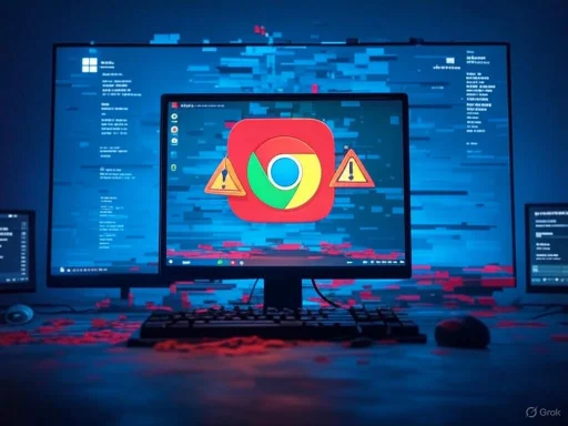 A computer screen shows Google's Chrome logo with warning icons, amid digital glitches and blue-tinted hacker-style code.