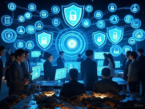 People in formal attire working on computers in a cybersecurity-themed environment with digital security icons and shields on a large screen.