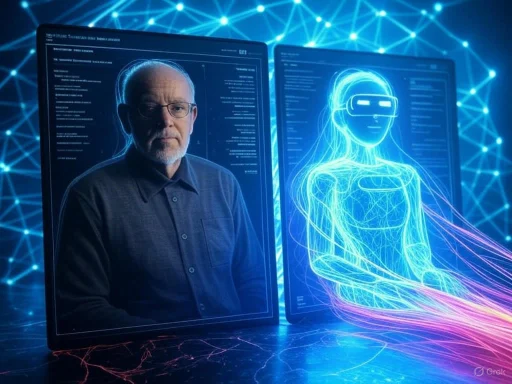 A man with glasses and a serious expression appears on a digital screen, next to a glowing digital human figure with virtual reality elements.