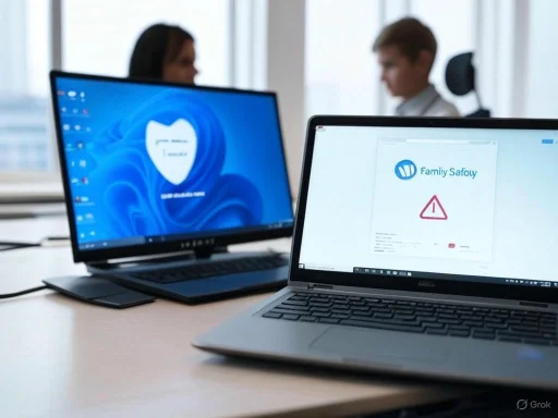 Two laptops show security alerts on their screens in a bright office with two blurred people in the background. Two laptops show security alerts on their screens in a bright office with two blurred people in the background.