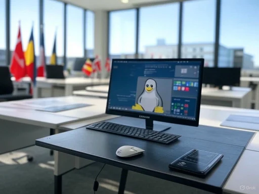 A computer on a desk displays a penguin cartoon in a bright conference room with flags and large windows.