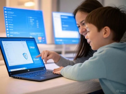 A woman and a young boy use a laptop together, focusing on a screen showing Check Point cybersecurity software. A woman and a young boy use a laptop together, focusing on a screen showing Check Point cybersecurity software.