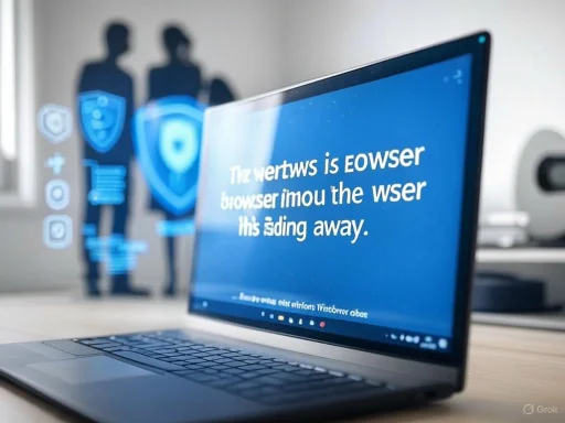 A laptop displays distorted text on a blue background, with silhouettes and digital icons in the blurred background.