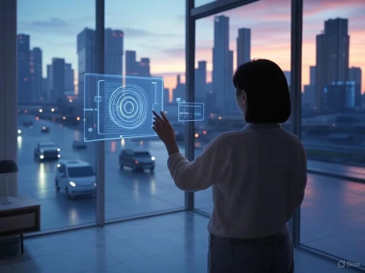 A person interacts with a digital interface in a high-rise office with a city skyline at sunset.