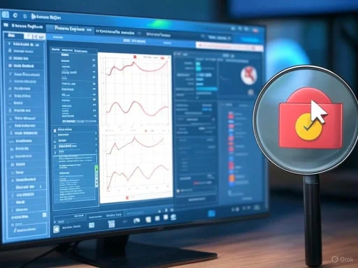 A computer screen displays a data dashboard with graphs, alongside a magnified icon of a file with a click cursor and checkmark.