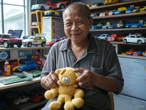 A smiling man in a workshop holding a yellow teddy bear with shelves of toy cars behind him. A smiling man in a workshop holding a yellow teddy bear with shelves of toy cars behind him.