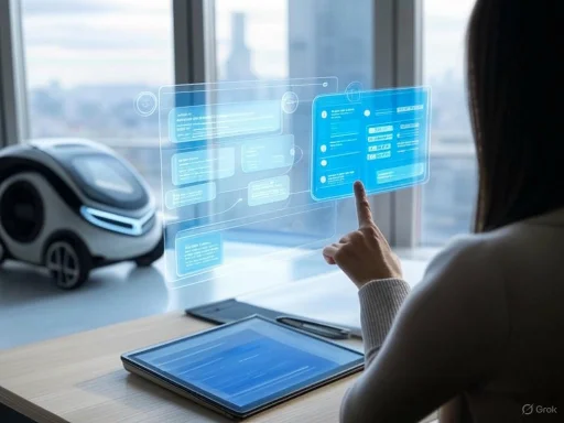 A woman interacts with a transparent holographic screen, with a futuristic autonomous vehicle model nearby.