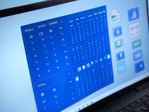 A computer screen displays a calendar and various application icons with a blue theme.