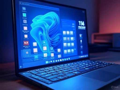 A laptop displaying a bright blue desktop with various icons and a digital abstract background.