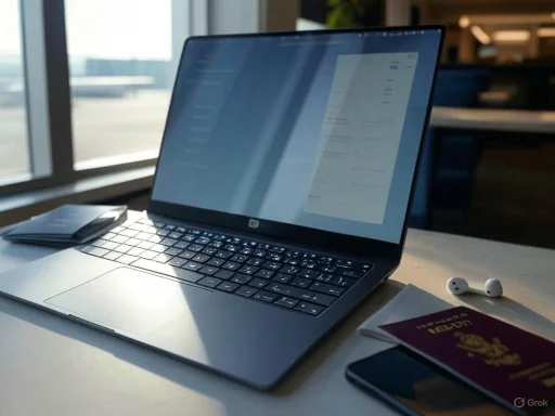 A laptop, passport, phone, and earphones are arranged on a desk near a window in a bright office setting.
