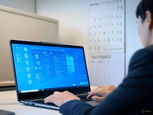 A person working on a laptop with a cybersecurity or software interface displayed on the screen.