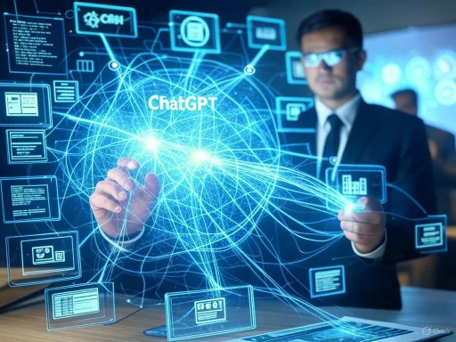 A businessman interacts with a digital network labeled 'ChatGPT,' surrounded by interconnected data and technology icons.