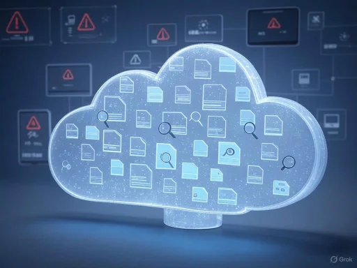A digital cloud-shaped interface displays multiple files and search icons, representing cloud data management and cybersecurity. A digital cloud-shaped interface displays multiple files and search icons, representing cloud data management and cybersecurity.