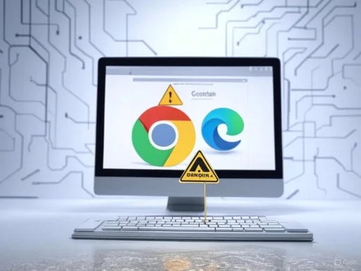 A computer monitor displaying Chrome and Edge logos with warning signs, set against a futuristic circuit board background.