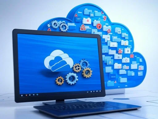 A computer monitor displays a cloud icon with gears, in front of a large blue cloud filled with app icons and warning signs.