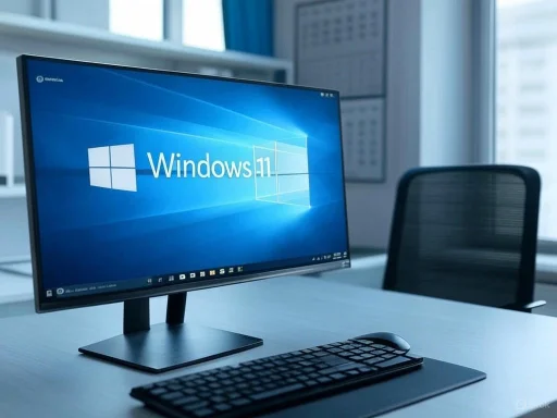 A computer monitor displays the Windows 11 desktop in an office setting.